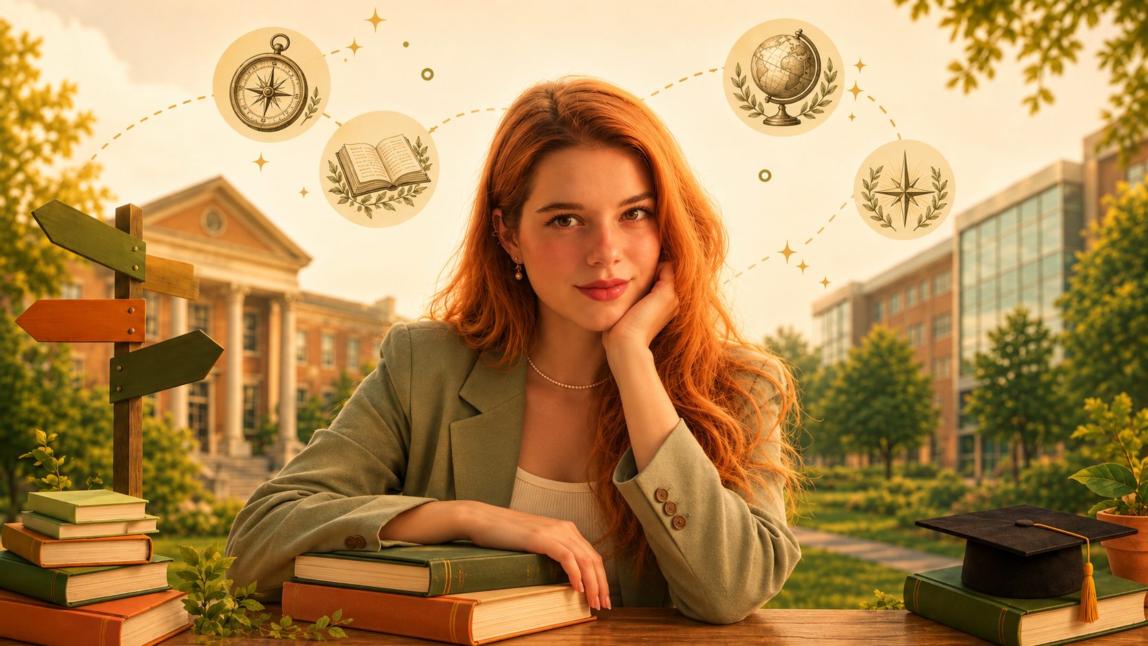 Illustrated portrait of Katherine Sev at a desk with books, with a compass, book, globe and star connected by dotted routes above her