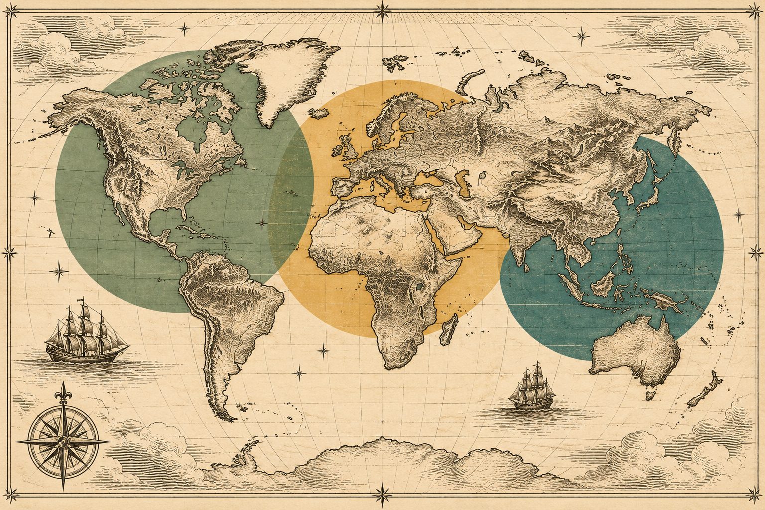 An engraved world map with routes from nine countries meeting at one golden star in the Atlantic