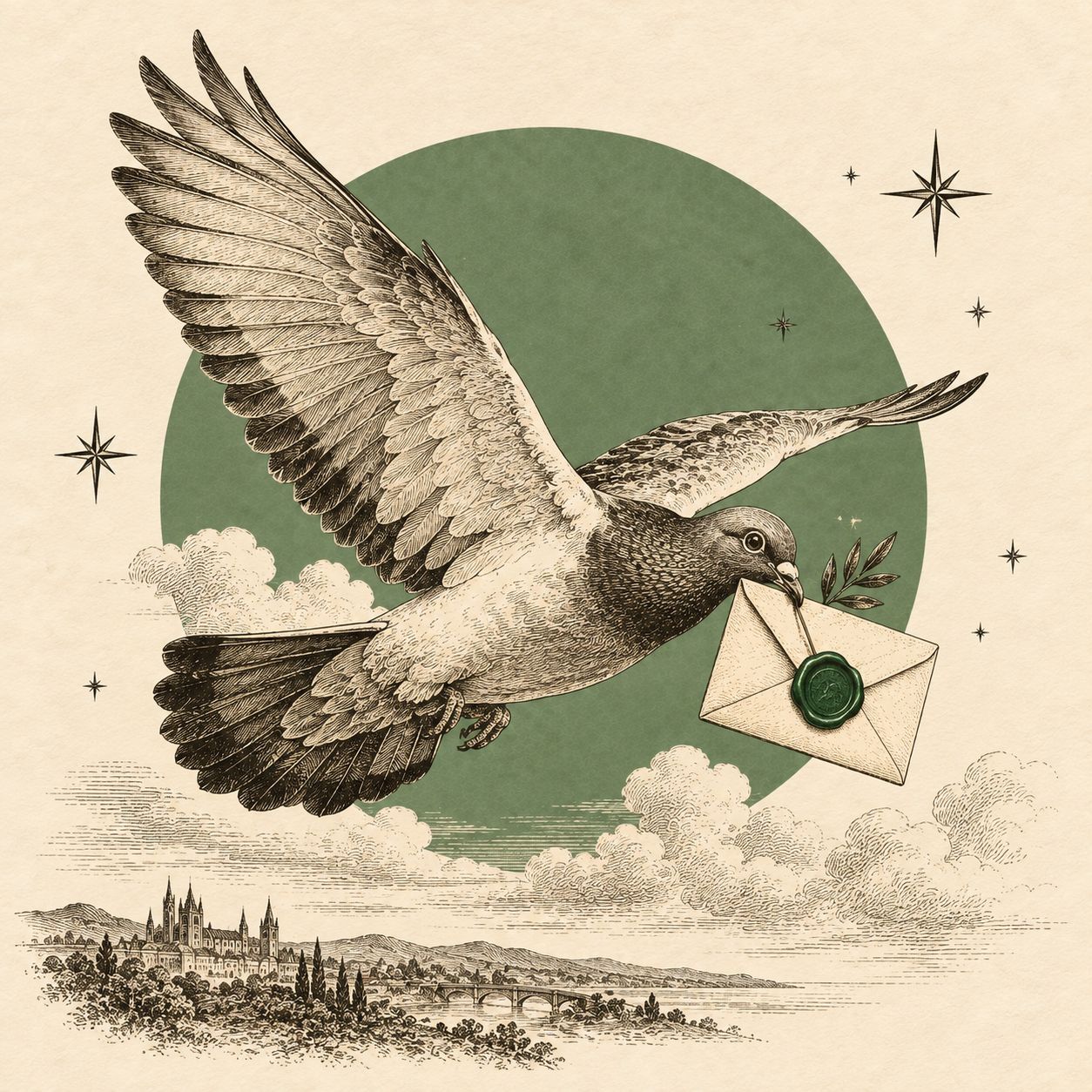 An engraved carrier pigeon flying with a sealed envelope